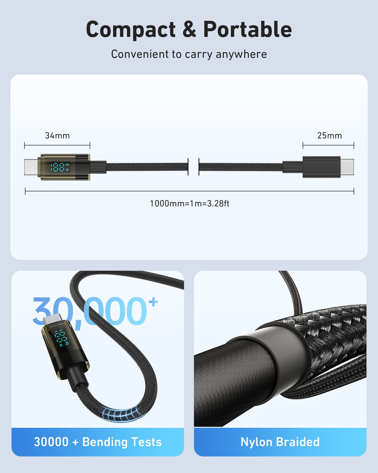 BENFEI 100W USB C to USB C Cable with LED Display [2-Pack 3.3 Feet], USB C Transparent Fast Charging Cable for iPhone 17/16/15 Pro Max/Plus, iPad, MacBook, Samsung Galaxy S25/S24/S23, Google Pixel