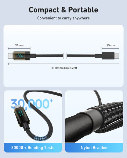 BENFEI 100W USB C to USB C Cable with LED Display [2-Pack 3.3 Feet], USB C Transparent Fast Charging Cable for iPhone 17/16/15 Pro Max/Plus, iPad, MacBook, Samsung Galaxy S25/S24/S23, Google Pixel