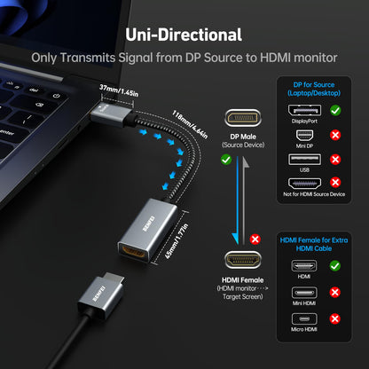 BENFEI 4K DisplayPort 转 HDMI 适配器电缆，（2K 60Hz、1080p 120Hz）单向显示端口转 HDMI 显示器转换器，兼容 HP、Dell、GPU、AMD、NVIDIA 等。公对母 1 灰色
