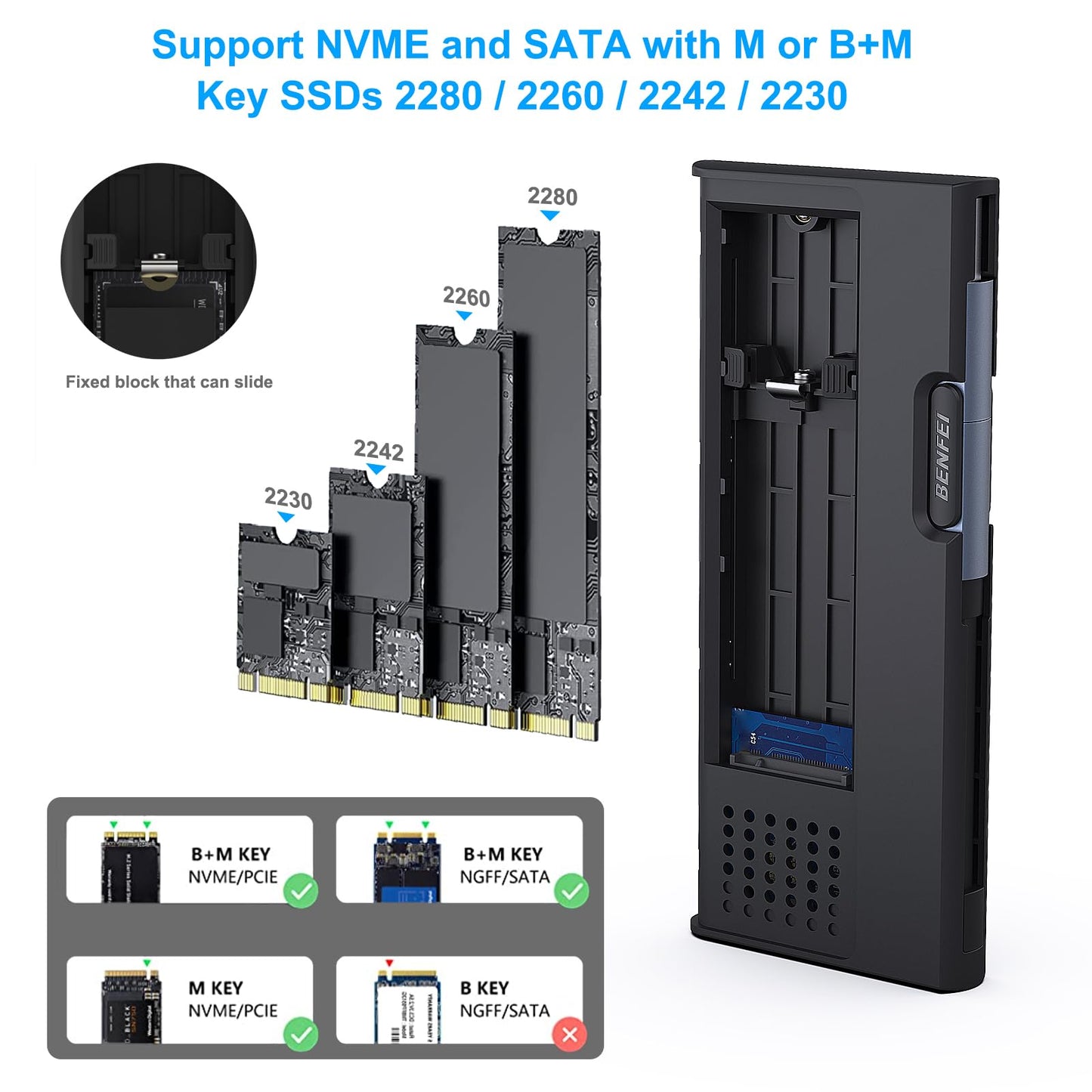 BENFEI M.2 NVME SATA SSD Enclosure, 10 Gbps USB Type-C/Type-A to NVME PCI-E SATA M-Key/(B+M) Key Solid State Drive Enclosure Support UASP Trim for NVME/SATA SSDs 2230/2242/2260/2280