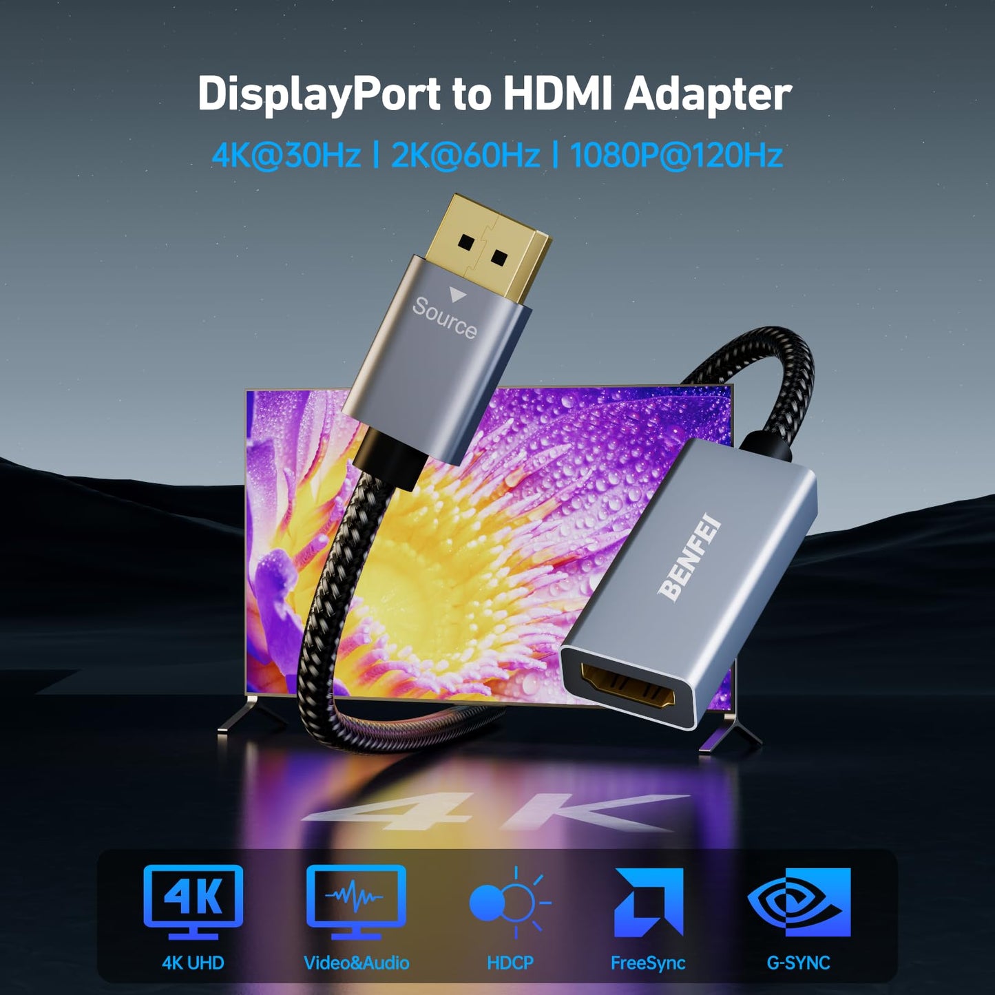 BENFEI 4K DisplayPort 转 HDMI 适配器电缆，（2K 60Hz、1080p 120Hz）单向显示端口转 HDMI 显示器转换器，兼容 HP、Dell、GPU、AMD、NVIDIA 等。公对母 1 灰色