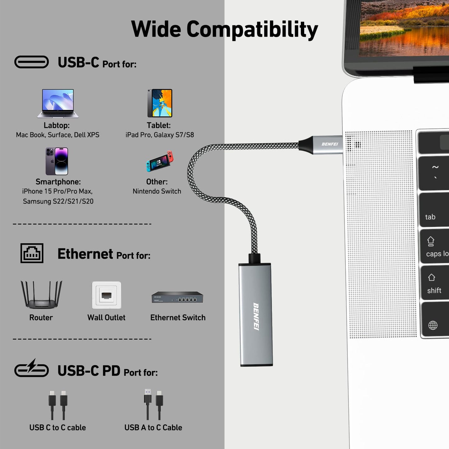 BENFEI USB-C to Ethernet Gigabit Adapter with 100W Power Delivery, Thunderbolt 3/4 to RJ45 Ethernet LAN Network Adapter Compatible with iPhone 15 Pro/Max, MacBook Pro/Air 2023, iMac