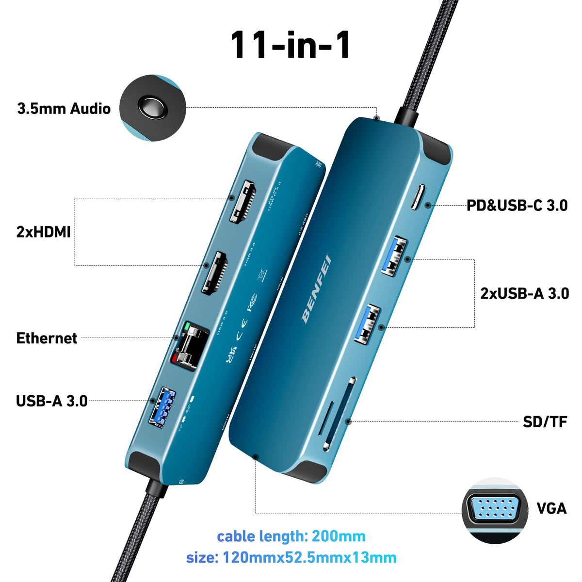 11-in-1 USB C Hub Triple Display Docking Station Dual HDMI, VGA, 3*USB 3.0, 1Gbps Ethernet, 100W Power Delivery, SD/TF Card Reader, 3.5mm AUX 11-in-1 USB C Hub Triple Display Docking Station Dual HDMI, VGA, 3*USB 3.0, 1Gbps Ethernet, 100W Power Delivery, SD/TF Card Reader, 3.5mm AUX