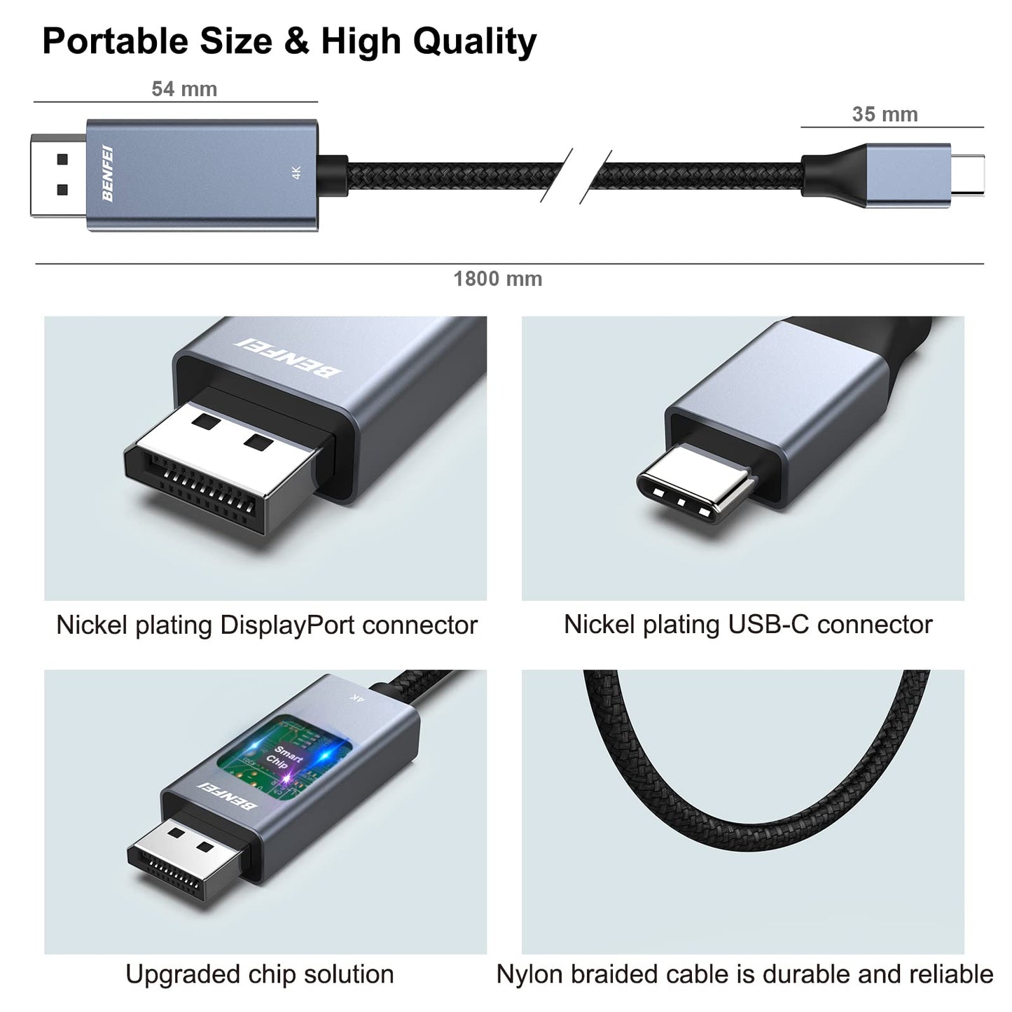 BENFEI USB-C to DisplayPort 6 Feet Cable(8K@60Hz 4K@144Hz), USB Type-C to DisplayPort Cable [Thunderbolt 3/4 Compatible] with iPhone 15 Pro/Max, MacBook Pro/Air 2023, iPad Pro, iMac, S23, XPS 17 Gray(Aluminium Shell) 1 PACK