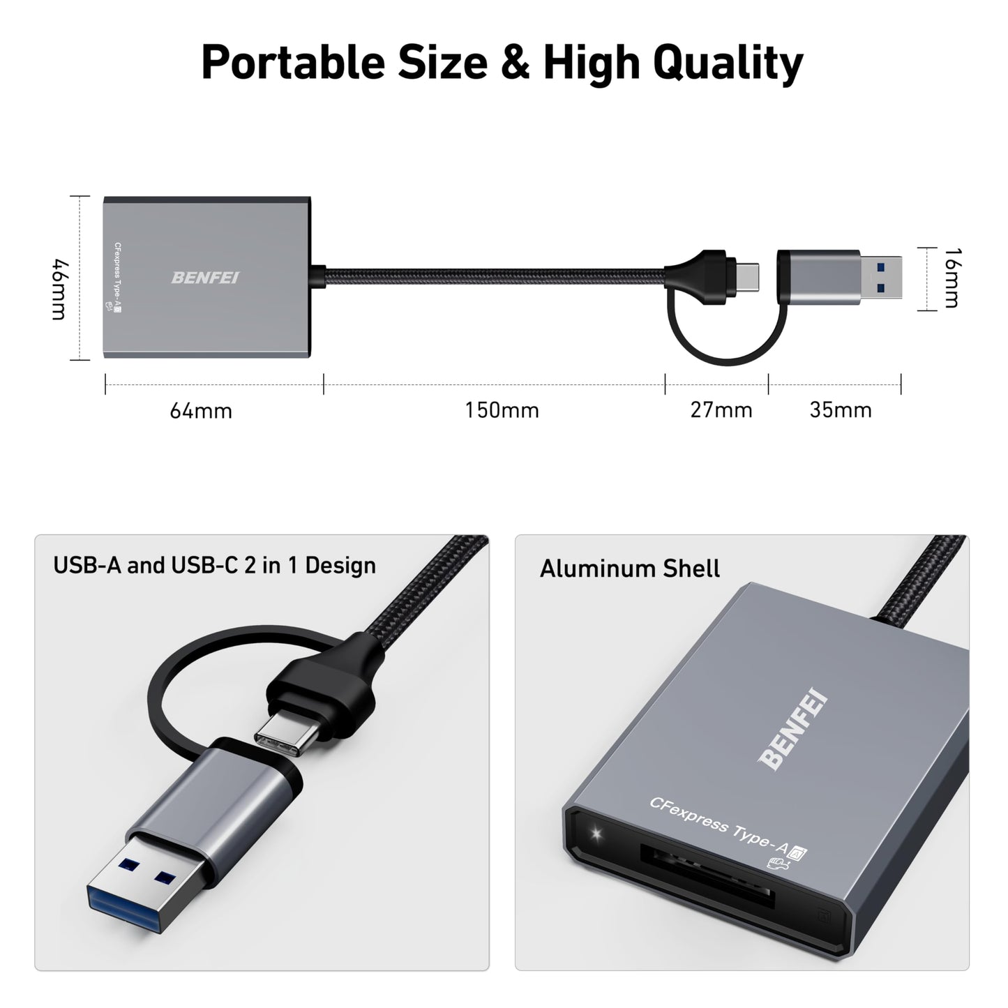 BENFEI CFexpress Type A Card Reader with USB 3.2 (Gen 2) 10Gbps, USB-C&USB-A 2-in-1 Type A CFexpress Adapter, Compatible with Windows/Mac/Linux/Android