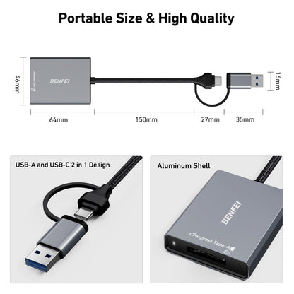 BENFEI CFexpress Type A Card Reader with USB 3.2 (Gen 2) 10Gbps, USB-C&USB-A 2-in-1 Type A CFexpress Adapter, Compatible with Windows/Mac/Linux/Android