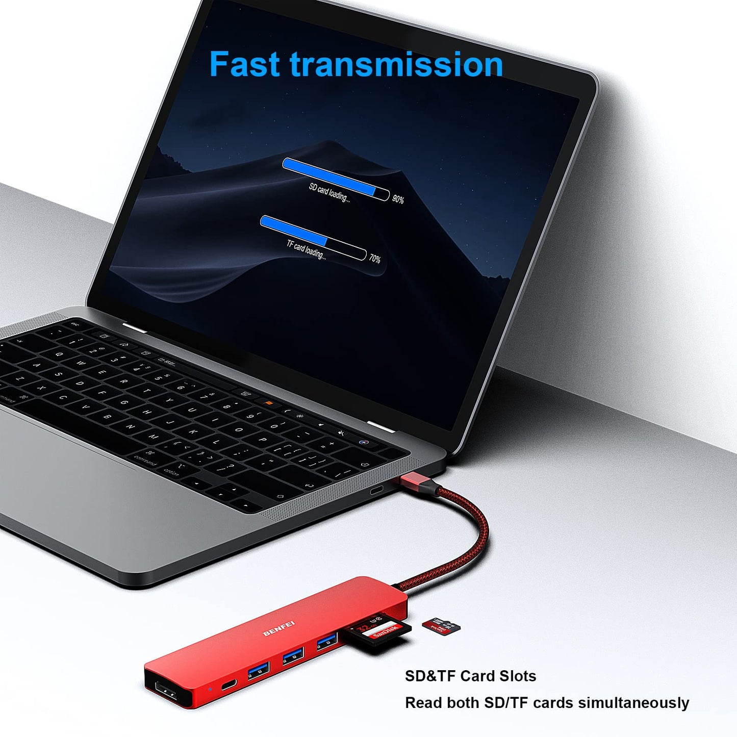 BENFEI USB C HUB 7in1, USB C HUB Multiport Adapter with USB-C to HDMI, USB-C to SD/TF Card Reader/3*USB 3.0/60W Power Delivery, Compatible with iPhone 15 Pro/Max, MacBook, iPad Pro, iMac, S23, XPS17 Red