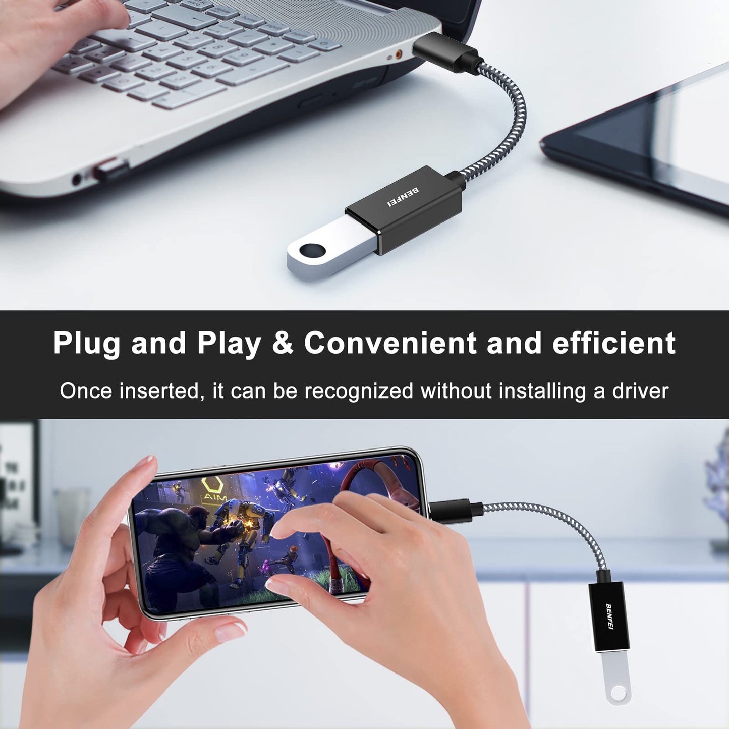 BENFEI USB C to USB 3.0 Adapter, 2 Pack USB C to A Male to Female Adapter Compatible with iPhone 15 Pro/Max, MacBook Pro/Air 2023, iPad Pro, iMac, S23, XPS 17, Surface Book 3 and More Black
