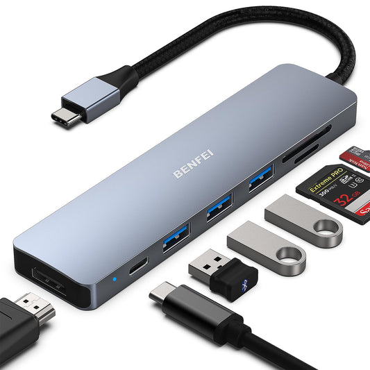 BENFEI USB C HUB 7in1, USB C HUB Multiport Adapter with USB-C to HDMI, USB-C to SD/TF Card Reader/3*USB 3.0/60W Power Delivery, Compatible with iPhone 15 Pro/Max, MacBook, iPad Pro, iMac, S23, XPS17 Gray