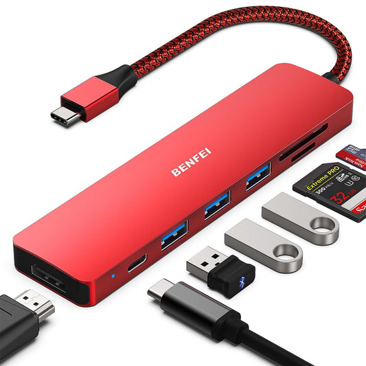 BENFEI USB C HUB 7in1, USB C HUB Multiport Adapter with USB-C to HDMI, USB-C to SD/TF Card Reader/3*USB 3.0/60W Power Delivery, Compatible with iPhone 15 Pro/Max, MacBook, iPad Pro, iMac, S23, XPS17 Red