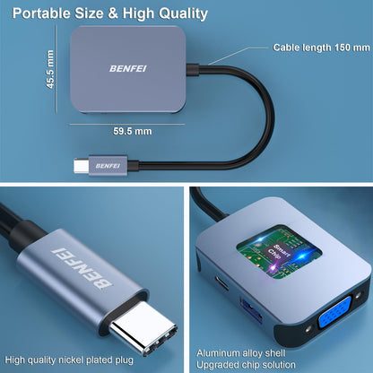BENFEI USB C HUB 4in1, USB Type-C to HDMI VGA Adapter, USB C to USB Adapter, USB Type-C Power Delivery, Compatible with iPhone 15 Pro/Max, MacBook Pro/Air 2023, iPad Pro, iMac, S23, XPS 17 Grey