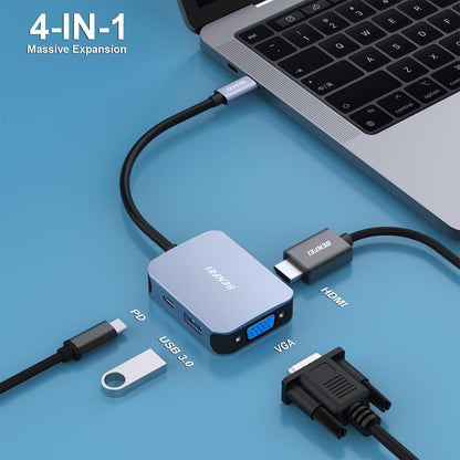 BENFEI USB C HUB 4in1, USB Type-C to HDMI VGA Adapter, USB C to USB Adapter, USB Type-C Power Delivery, Compatible with iPhone 15 Pro/Max, MacBook Pro/Air 2023, iPad Pro, iMac, S23, XPS 17 Grey