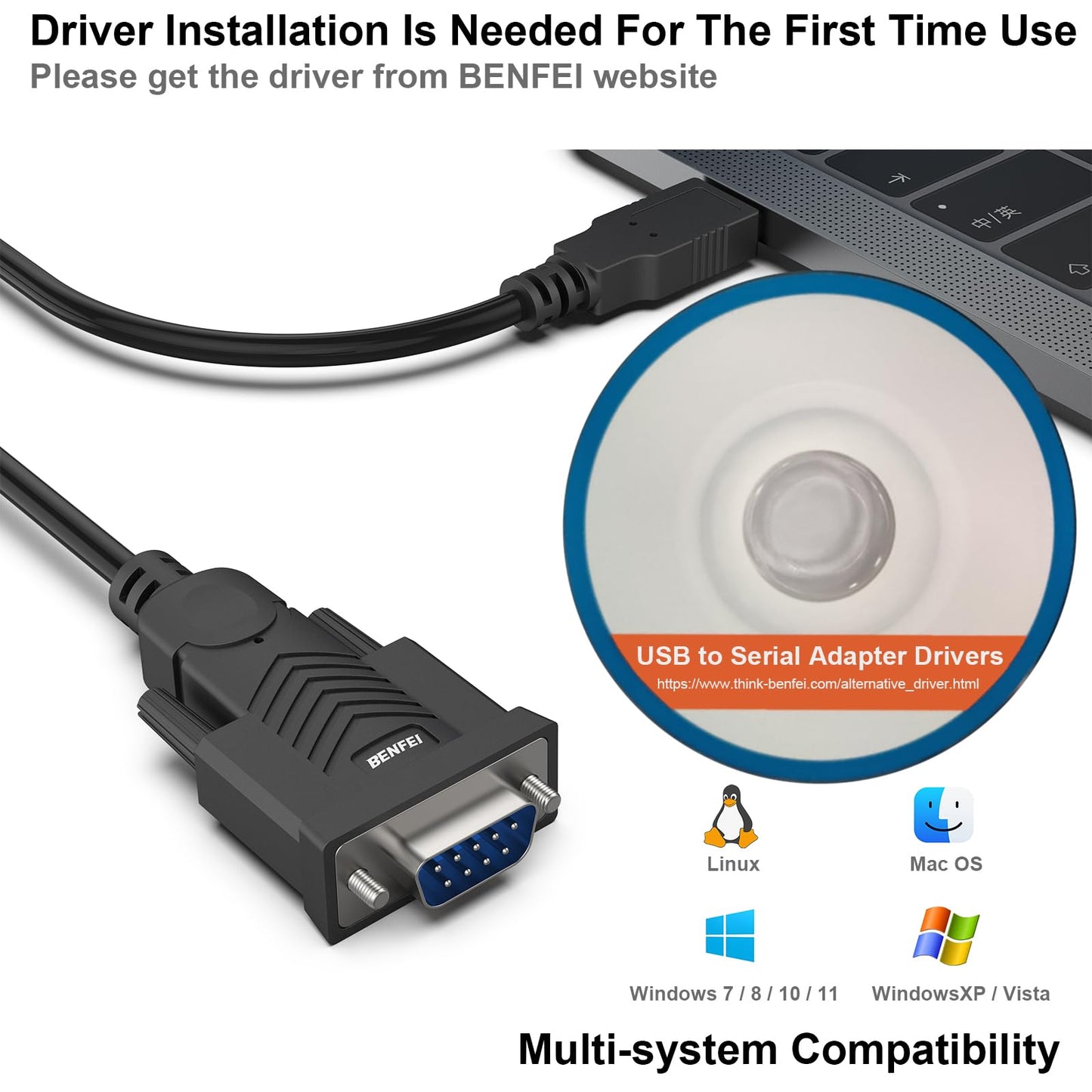 BENFEI USB to Serial Adapter, USB to RS-232 Male (9-pin) DB9 Serial Cable, Prolific Chipset, Windows 11/10/8.1/8/7, Mac OS X 10.6 and Above, 1.8M（Not VGA） Male Screw