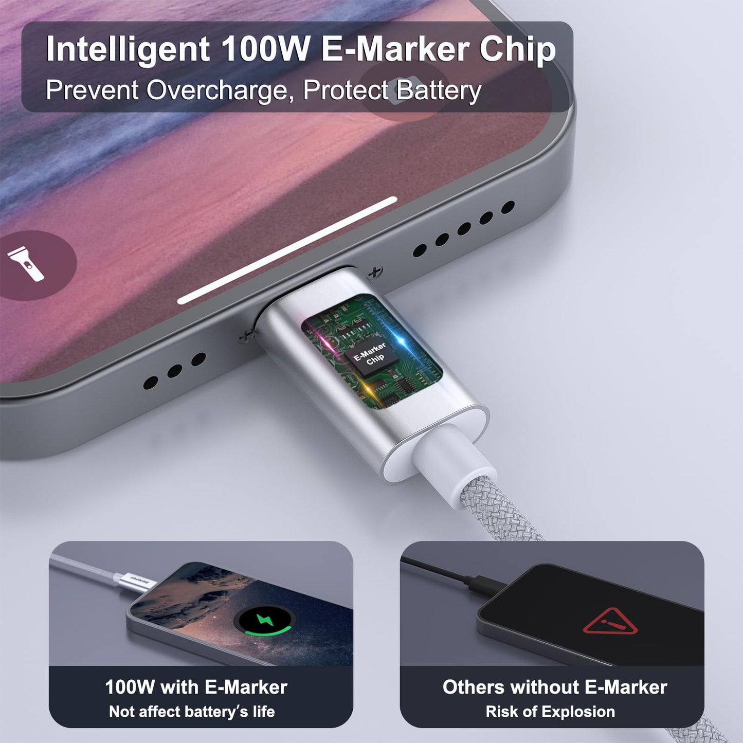 BENFEI 100W USB C Fast Charging Cable(3.3ft), Tangle-Free Silicone USB-C Cable Aluminum Shell, Woven Design for iPhone 15/15Pro/15Plus/15ProMax MacBook Pro/iPad Pro/Air 4,Samsung Galaxy S23+/S23