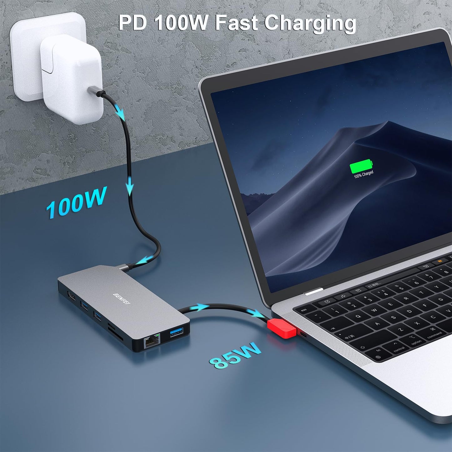 BENFEI 9in1 USB C MST Laptop Docking Station, USB-C Hub with USB-C to HDMI DisplayPort Dual Monitor/3*USB Type-A/1*USB Type-C(10Gbps+100W PD)/SD/TF Card Reader/1*RJ45