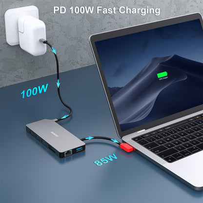 BENFEI 9in1 USB C MST Laptop Docking Station, USB-C Hub with USB-C to HDMI DisplayPort Dual Monitor/3*USB Type-A/1*USB Type-C(10Gbps+100W PD)/SD/TF Card Reader/1*RJ45