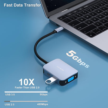 BENFEI USB C HUB 4in1, USB Type-C to HDMI VGA Adapter, USB C to USB Adapter, USB Type-C Power Delivery, Compatible with iPhone 15 Pro/Max, MacBook Pro/Air 2023, iPad Pro, iMac, S23, XPS 17 Grey