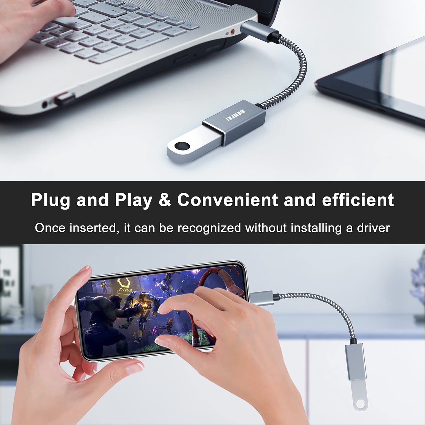 BENFEI USB C to USB 3.0 Adapter, 2 Pack USB C to A Male to Female Adapter Compatible with iPhone 15 Pro/Max, MacBook Pro/Air 2023, iMac, S23, XPS 17 Grey
