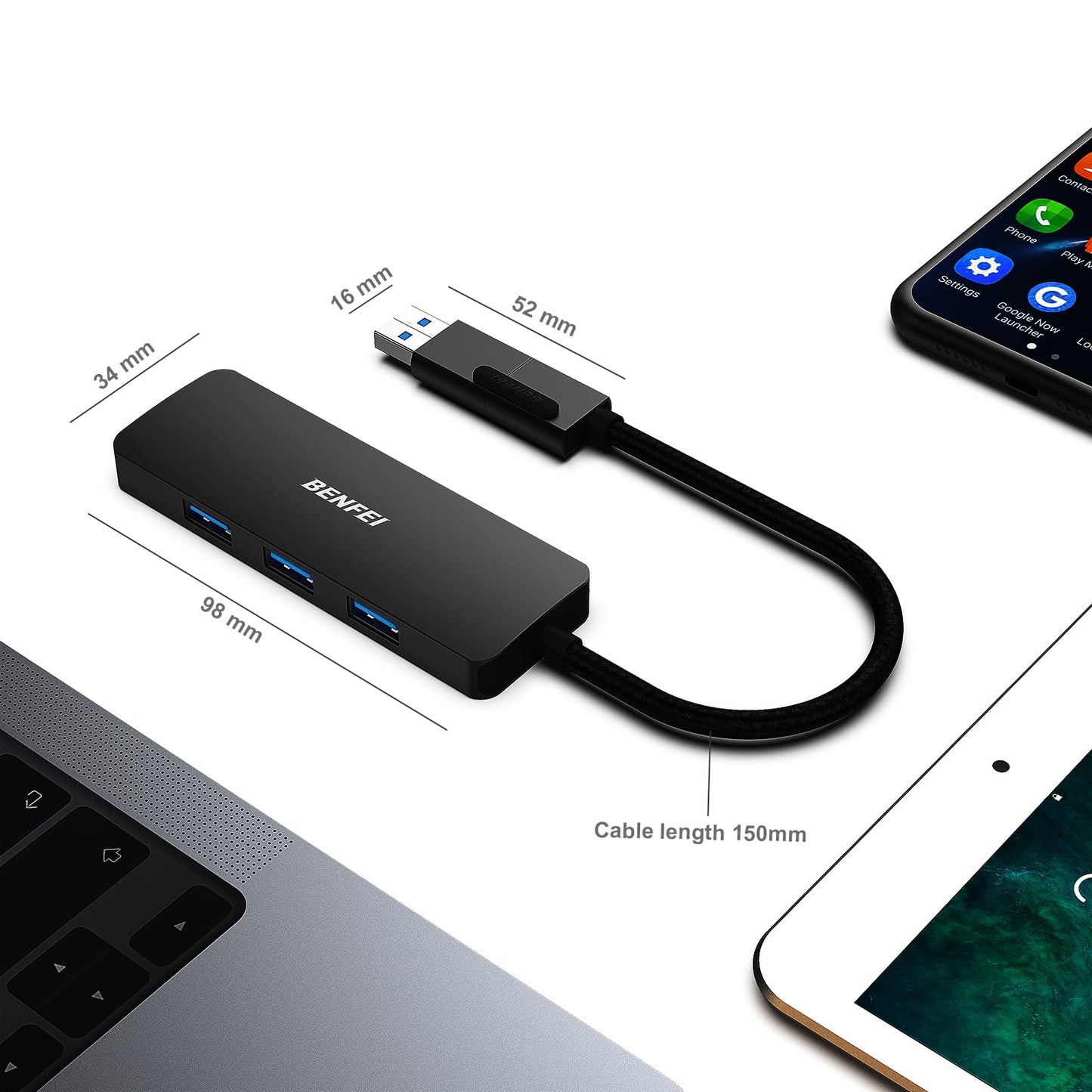 BENFEI USB 3.0 Hub, USB-C HUB, 2-in-1 USB Type-A/Type-C Hub with 4 USB 3.0 Ports [Aluminum Shell, Nylon Braided] Compatible with iPhone 15 Pro/Max, MacBook Pro/Air 2023, iPad Pro, iMac, S23, XPS 17 0.3 Feet Black