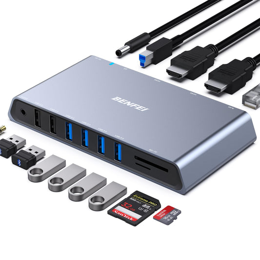 BENFEI 12-in-1 USB Type-A/USB Type-C Docking Station with Dual HDMI Display/6*USB Ports/SD/TF Card Reader/Gigabit Ethernet Network/3.5mm Female Headphone Jack Compatible with Windows and Mac