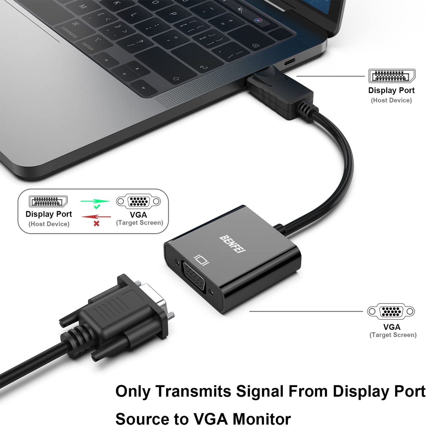 BENFEI DisplayPort to VGA,Gold-Plated Uni-directional DP Computer to VGA Screen Adapter 1080P (Male to Female) Compatible for Lenovo, Dell, HP, ASUS 1 Black