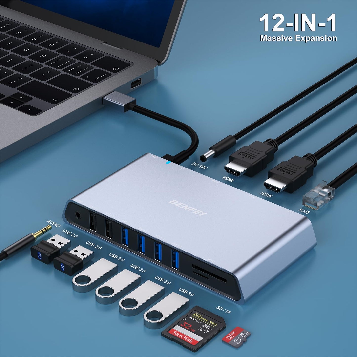 BENFEI 12-in-1 USB Type-A/USB Type-C Docking Station with Dual HDMI Display/6*USB Ports/SD/TF Card Reader/Gigabit Ethernet Network/3.5mm Female Headphone Jack Compatible with Windows and Mac