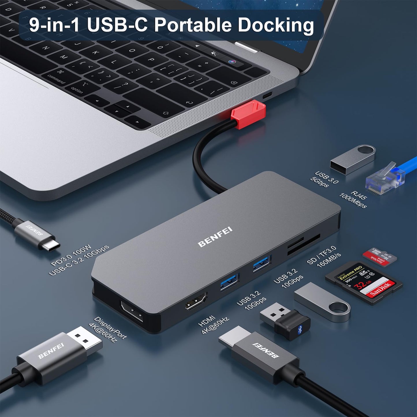 BENFEI 9in1 USB C MST Laptop Docking Station, USB-C Hub with USB-C to HDMI DisplayPort Dual Monitor/3*USB Type-A/1*USB Type-C(10Gbps+100W PD)/SD/TF Card Reader/1*RJ45
