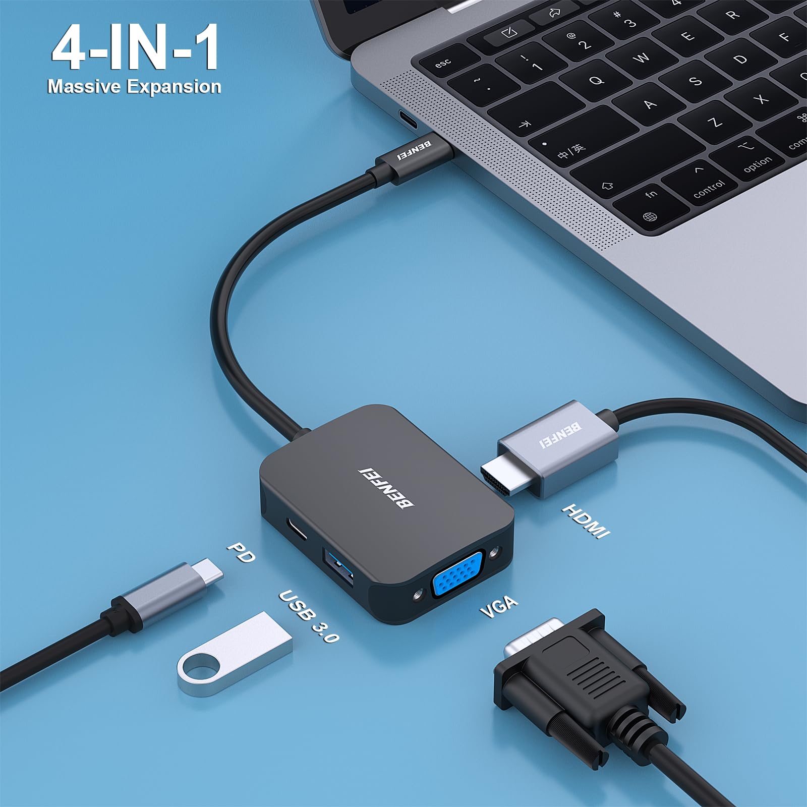 Hub USB C 4in1 BENFEI - HDMI/VGA/DisplayPort/100W PD, Per MacBook E IPhone - Foto 6