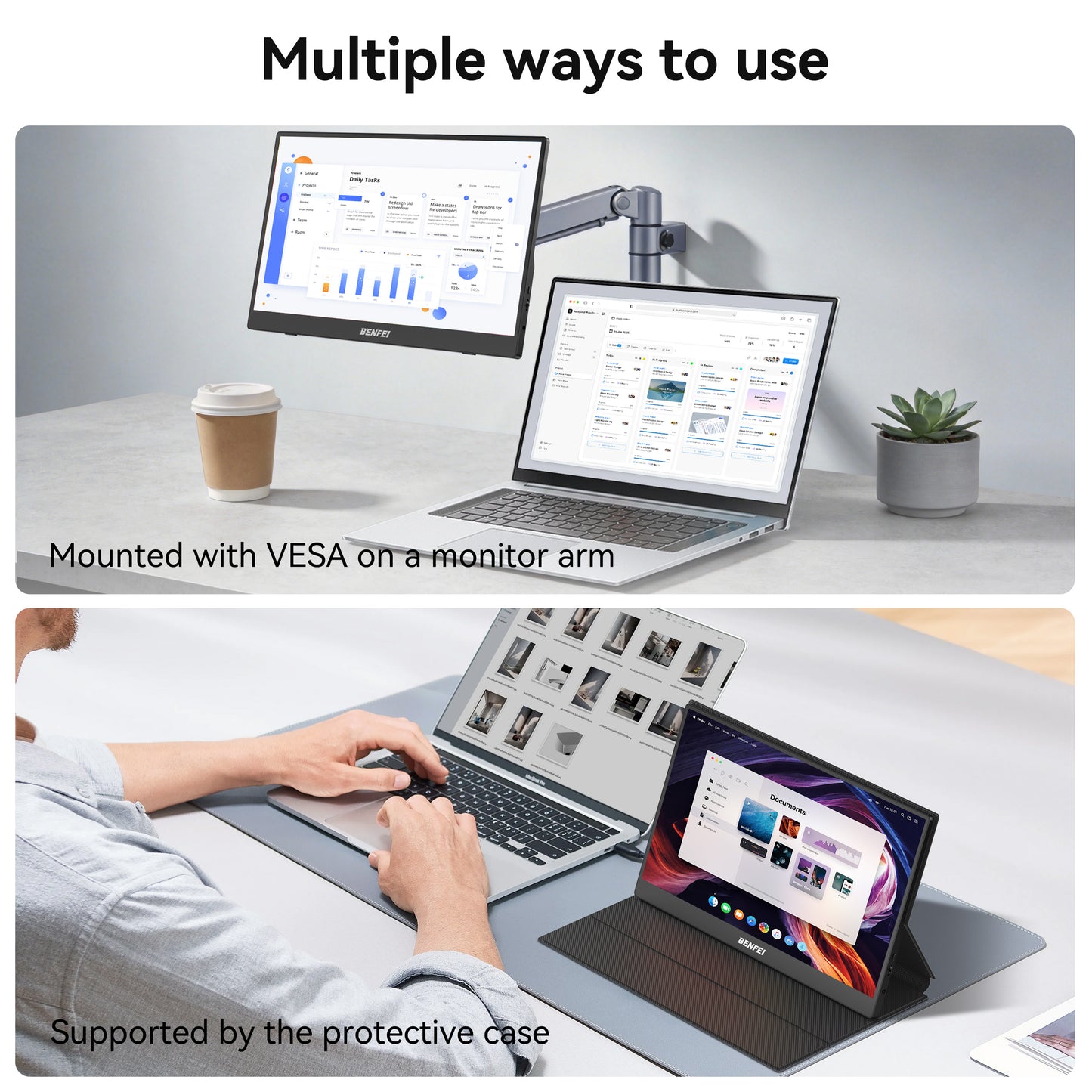 BENFEI Portable Monitor 15.6'', FHD 1080P HDMI USB-C Gaming Display, Ultra-Slim IPS HDR Screen w/Smart Cover & Speakers, Plug & Play External Monitor for Laptop PC Phones Tablet PS5/4 Xbox Switch