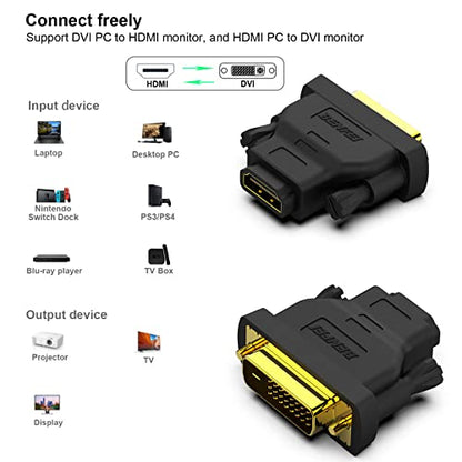 BENFEI DVI to HDMI, Bidirectional DVI (DVI-D) to HDMI Male to Female Adapter with Gold-Plated Cord 2 Pack