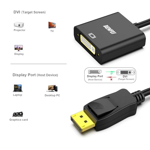 BENFEI DisplayPort to DVI DVI-D Single Link Adapter,Uni-Directional Display Port Computer to DVI Screen Converter 1080P 60Hz Male to Female Black Compatible for Lenovo, Dell, HP and Other Brand