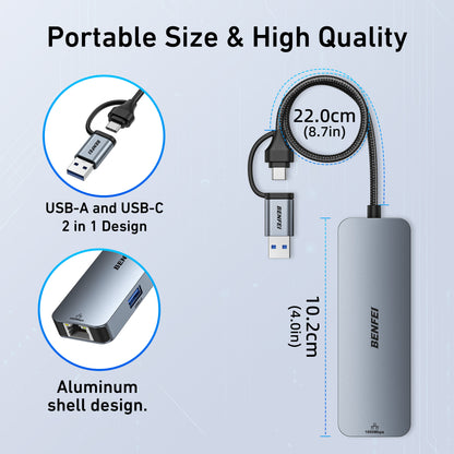 BENFEI USB-C USB 3.0 to Gigabit Ethernet Adapter, 3-Port USB 3.0 Hub with RJ45 Compatible with MacBook Pro/Air 2023, iPad Pro, iMac, S23, XPS 17, Surface Book 3 and More
