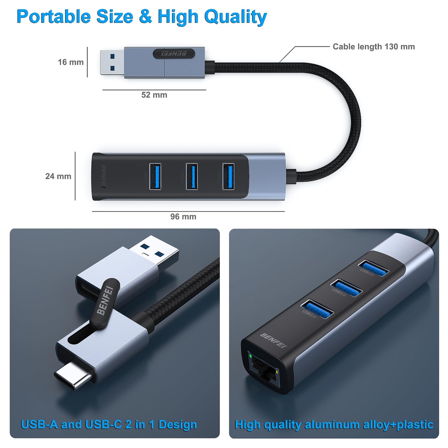 BENFEI USB C to Gigabit Ethernet Adapter, 3-Port USB 3.0 Hub with RJ45 Compatible with MacBook Pro/Air 2023, iPad Pro, iMac, S23, XPS 17, Surface Book 3 and More