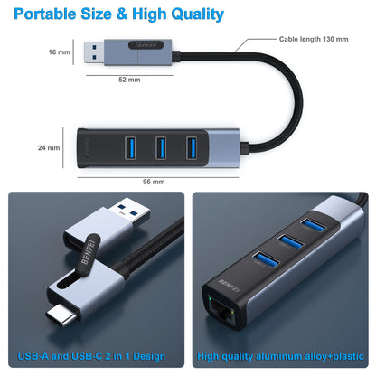 BENFEI USB C to Gigabit Ethernet Adapter, 3-Port USB 3.0 Hub with RJ45 Compatible with MacBook Pro/Air 2023, iPad Pro, iMac, S23, XPS 17, Surface Book 3 and More