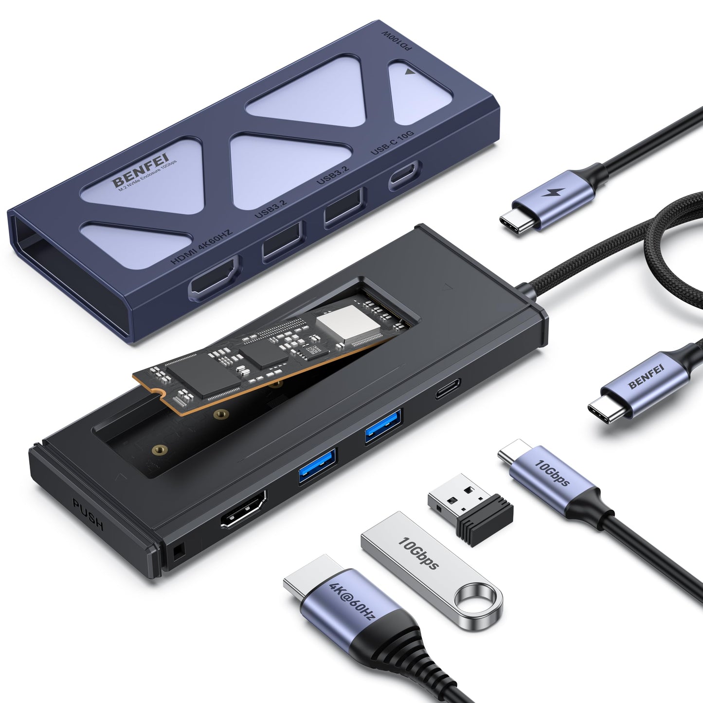 BENFEI 6-in-1 USB C Hub with M.2 NVMe SSD Enclosure, 10Gbps USB 3.2 Ports (2×USB-A + 1×USB-C), 100W PD, 4K@60HZ HDMI–Compatible with MacBook Pro/Air, iPad Pro, Dell XPS, Surface Pro