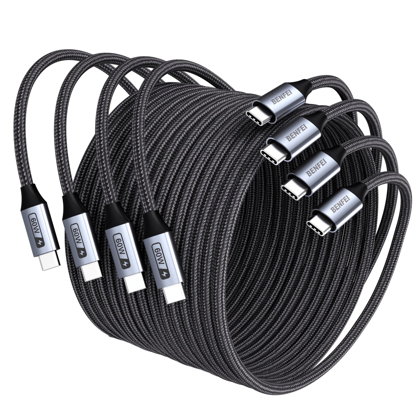 BENFEI USB C to USB C Multipack 60W Fast Charging Cable, 4-Pack(3.3ft/3.3ft/6.6ft/6.6ft) Nylon Braided Cable for iPhone iPad mini, MacBook, Samsung Galaxy