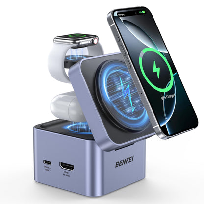 BENFEI 3-in-1 Foldable MagSafe Charger Stand with 33W Fast GaN Charger for iPhone 16/15/14/13/12 Series, Apple Watch & AirPods | Compact Cube Design | Includes 33W Power Adapter