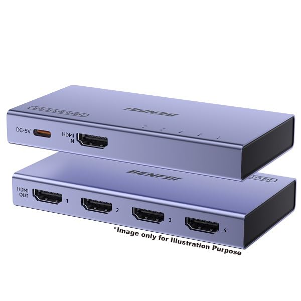BENFEI HDMI Splitter 1 in 4 Out 4K@60Hz, 1x4 HDMI 2.0 Splitter with HDR, HDCP 2.2, 18Gbps [USB-C Powered, Aluminum Case], Mirror Only for PS5 Xbox Fire Stick