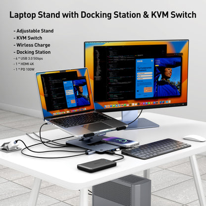 BENFEI Laptop Stand with USB C 6in1 Docking Station, 15W Magnetic Wireless Charger, USB 3.0 KVM Switch, HDMI 4K@60Hz, 4*USB3.0, 100 PD Compatible with MacBook Pro/Air, iPad Pro, XPS, Thinkpad