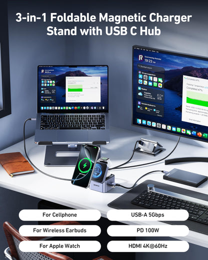 BENFEI 3-in-1 Foldable MagSafe Charger Stand with 33W Fast GaN Charger for iPhone 16/15/14/13/12 Series, Apple Watch & AirPods | Compact Cube Design | Includes 33W Power Adapter
