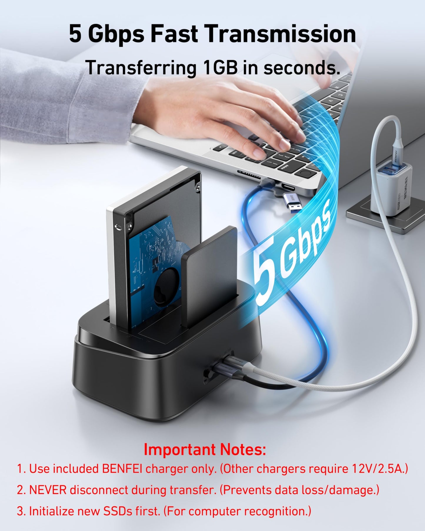 BENFEI Hard Drive Docking Station with UASP Offline Clone Function, USB C Dual Bay Dock for 2.5/3.5" HDD SSD, Up to 5Gbps | Tool Free Installation