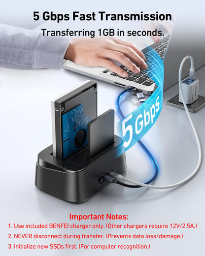 BENFEI Hard Drive Docking Station with UASP Offline Clone Function, USB C Dual Bay Dock for 2.5/3.5" HDD SSD, Up to 5Gbps | Tool Free Installation