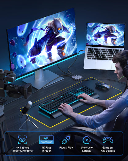BENFEI 4K@60Hz HDMI to USB-C Video Capture Card with Loop Out, 1080P 60FPS Low Latency Game Capture Device for Streaming, Gaming, Switch, PS4/5, Xbox, Mac, Laptop