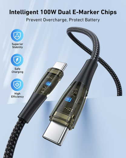 BENFEI 100W USB C to USB C Cable [3-Pack 3.3 Feet], Transparent Fast Charging Cable for iPhone 17/16/15 Pro Max/Plus, iPad, MacBook, Samsung Galaxy S25/S24/S23, Google Pixel