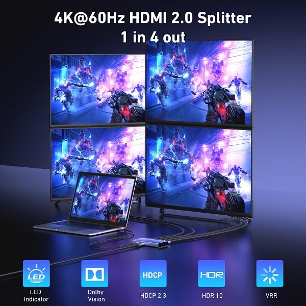 BENFEI HDMI Splitter 1 in 4 Out 4K@60Hz, 1x4 HDMI 2.0 Splitter with HDR, HDCP 2.2, 18Gbps [USB-C Powered, Aluminum Case], Mirror Only for PS5 Xbox Fire Stick