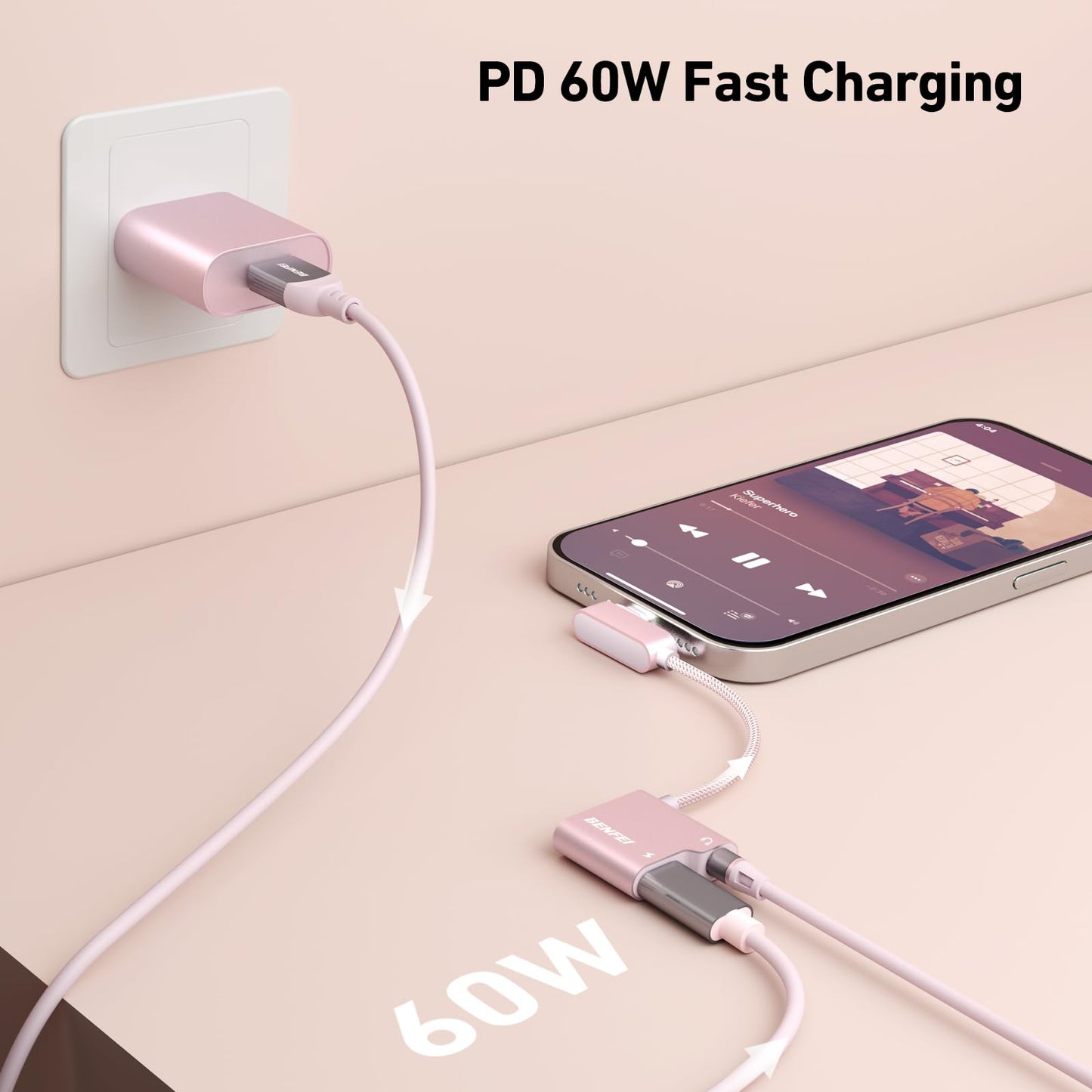 BENFEI USB C to Audio Jack Adapter with 60W Fast Charging, USB-C to 3.5mm Female Headphone Compatible with iPhone 16/15 Pro Max/Pro, Samsung Galaxy S24/S23/S22/S21 Ultra, iPad Pro, Pixel 8 Pink
