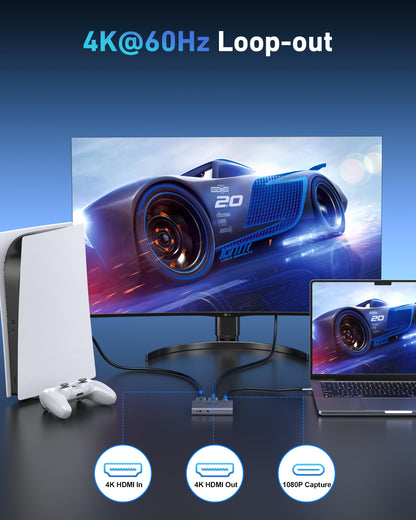 BENFEI 4K@60Hz HDMI to USB-C Video Capture Card with Loop Out, 1080P 60FPS Low Latency Game Capture Device for Streaming, Gaming, Switch, PS4/5, Xbox, Mac, Laptop