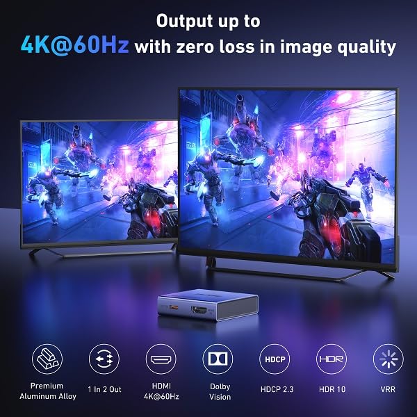 BENFEI HDMI Splitter 1 in 2 Out 4K@60Hz, 1x2 HDMI 2.0 Splitter with HDR, HDCP 2.2, 18Gbps [USB-C Powered, Aluminum Case], Mirror Only for PS5 Xbox Fire Stick