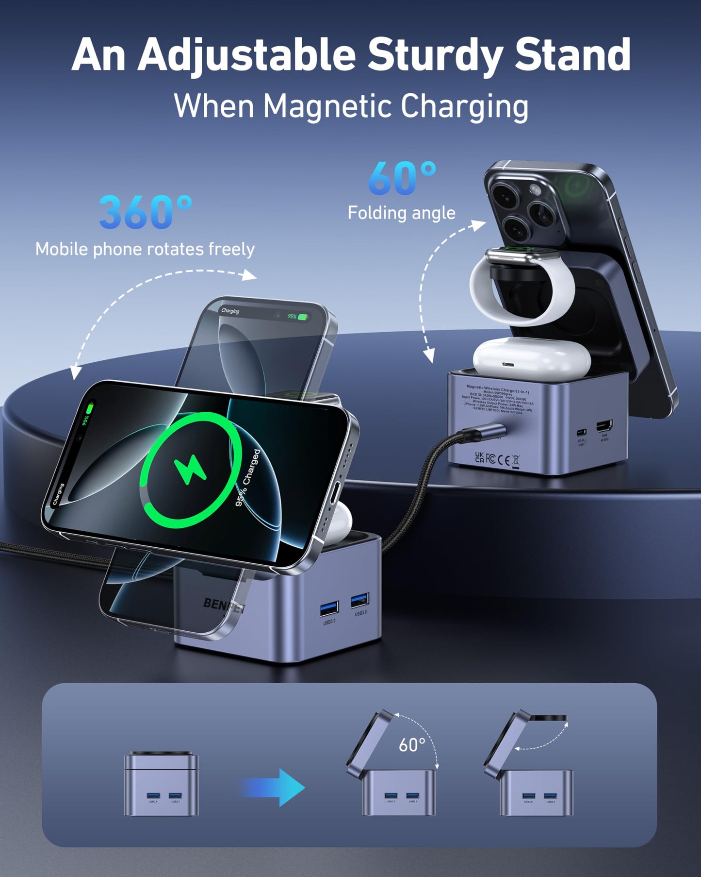 BENFEI 3-in-1 Foldable MagSafe Charger Stand with 33W Fast GaN Charger for iPhone 16/15/14/13/12 Series, Apple Watch & AirPods | Compact Cube Design | Includes 33W Power Adapter