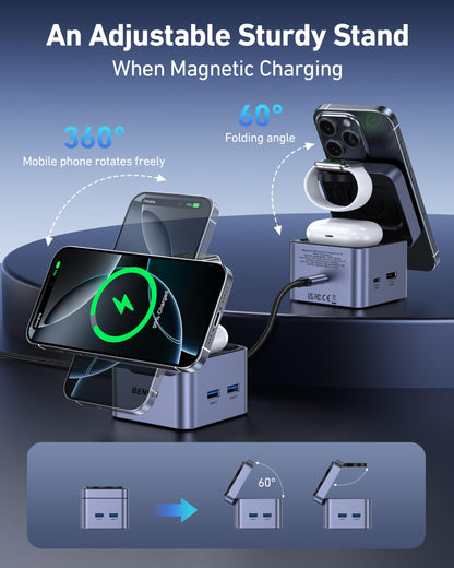 BENFEI 3-in-1 Foldable MagSafe Charger Stand with 33W Fast GaN Charger for iPhone 16/15/14/13/12 Series, Apple Watch & AirPods | Compact Cube Design | Includes 33W Power Adapter